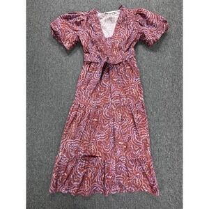 Marie Oliver Dress Womens Small Belted V Neck Puff Sleeve Cotton Midi